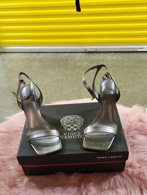 Vince Camuto Metallic Silver Square-Toe Ankle-Strap Heels